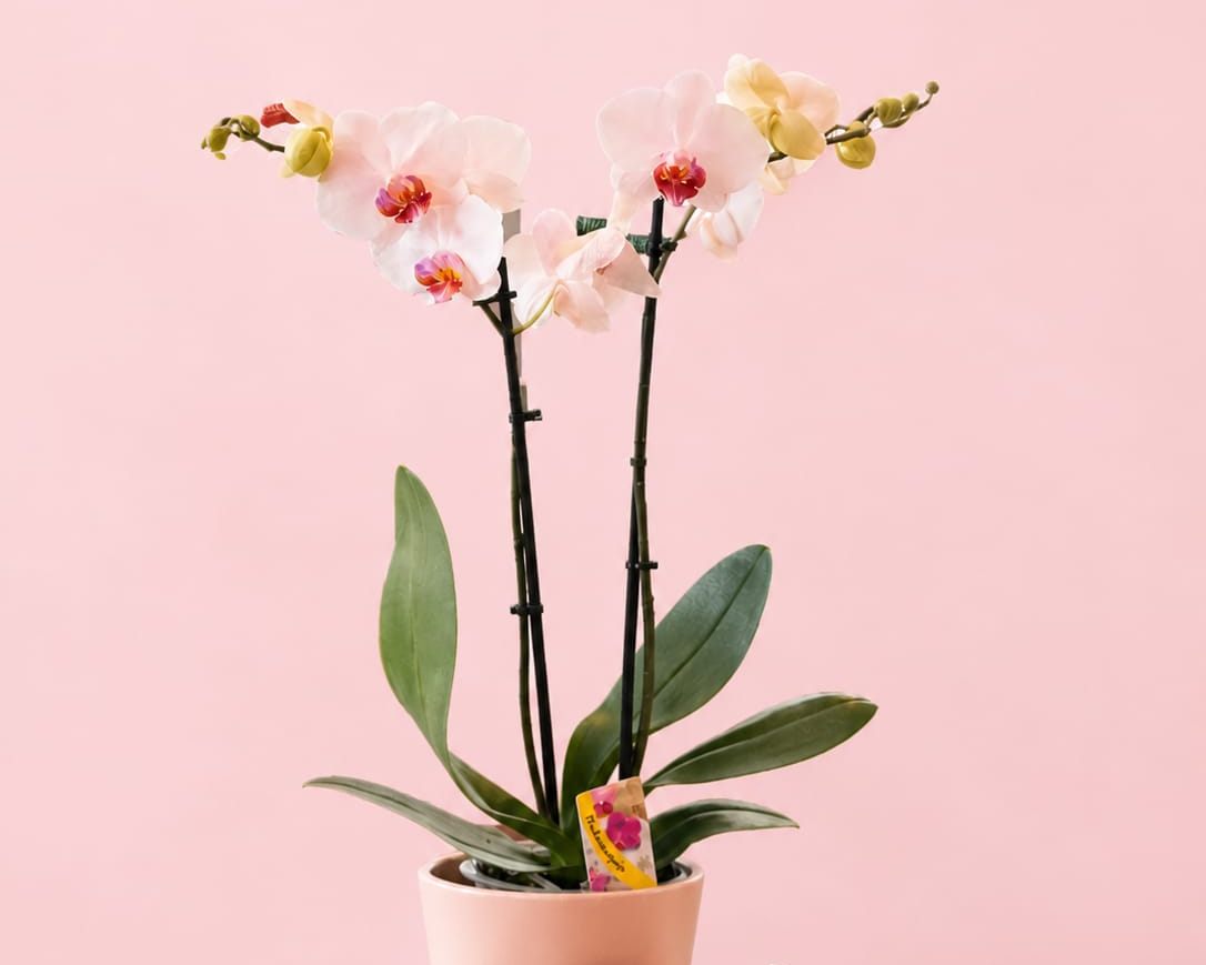 Bloeiende orchidee in een roze pot